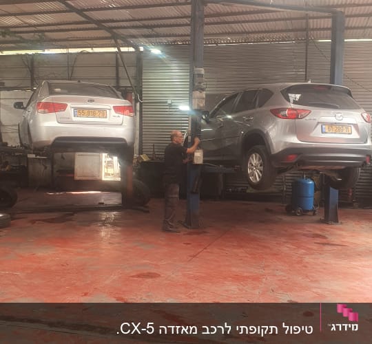 שני רכבים על ליפטים במוסך, מכונאי עובד